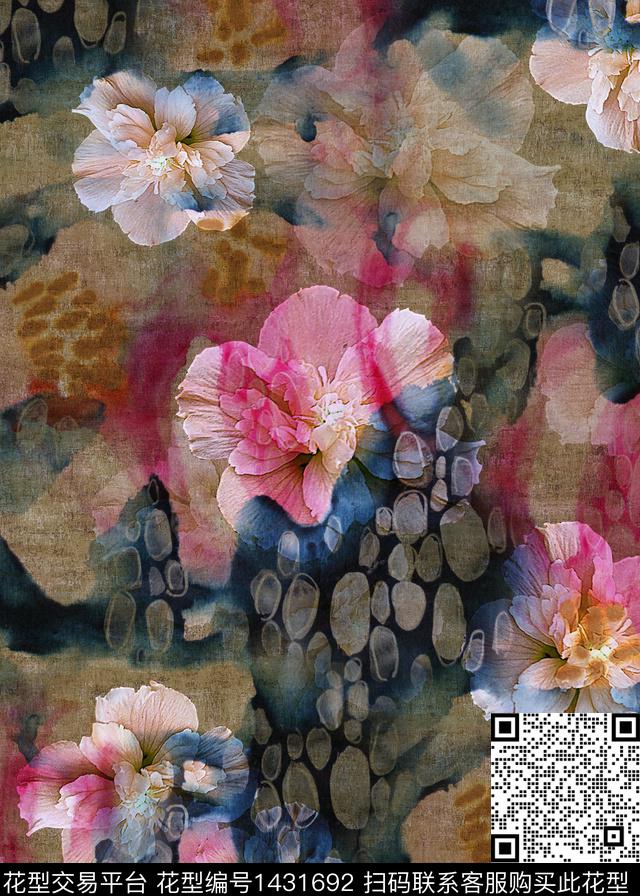 复古花卉香云纱数码印花华亿平台下载（图片编号: 1431692） - 瓦栏（Walan）