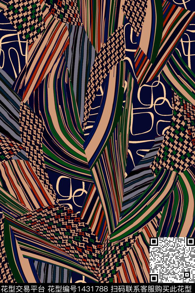 黑底花卉几何大牌风传统印花华亿平台下载（图片编号: 1431788） - 瓦栏（Walan）