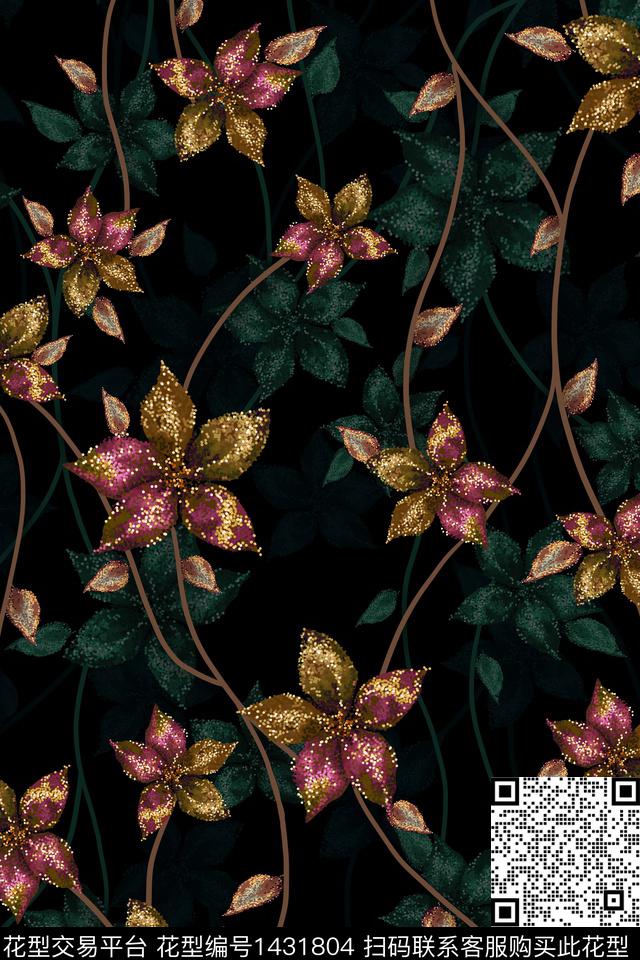 黑底花卉几何大牌风数码印花华亿平台下载（图片编号: 1431804） - 瓦栏（Walan）