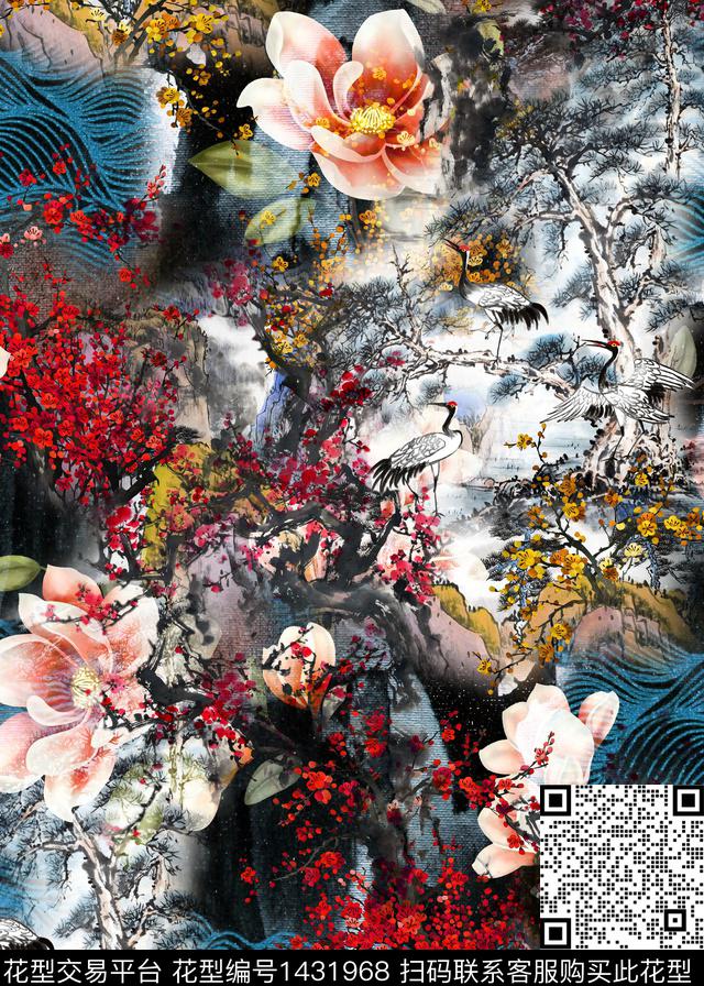 梅花仙鹤香云纱数码印花华亿平台下载（图片编号: 1431968） - 瓦栏（Walan）