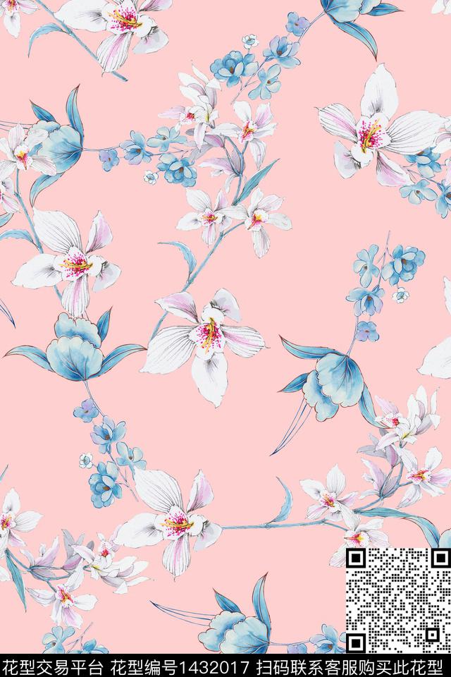 连衣裙清爽底花卉百合数码印花华亿平台下载（图片编号: 1432017） - 瓦栏（Walan）