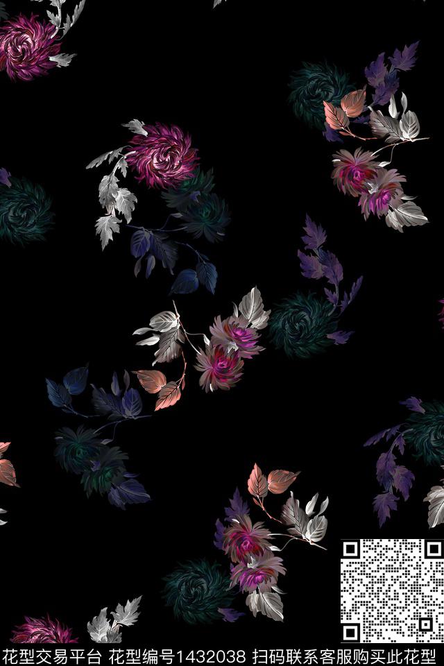 花卉香云纱大牌风数码印花华亿平台下载（图片编号: 1432038） - 瓦栏（Walan）