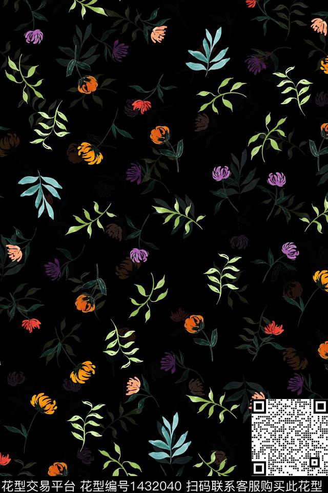 花卉香云纱大牌风数码印花华亿平台下载（图片编号: 1432040） - 瓦栏（Walan）