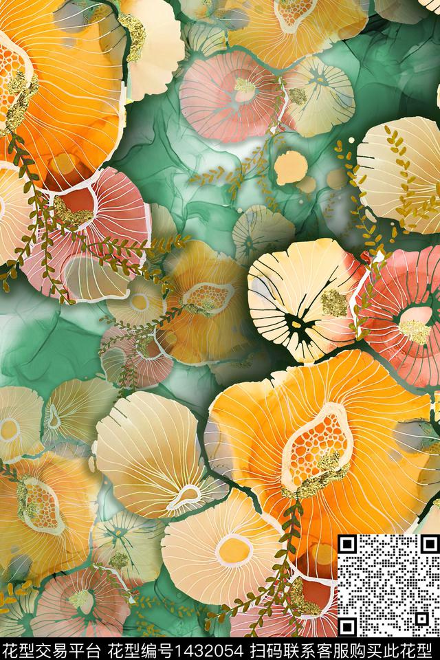 水彩肌理清爽底花卉数码印花华亿平台下载（图片编号: 1432054） - 瓦栏（Walan）