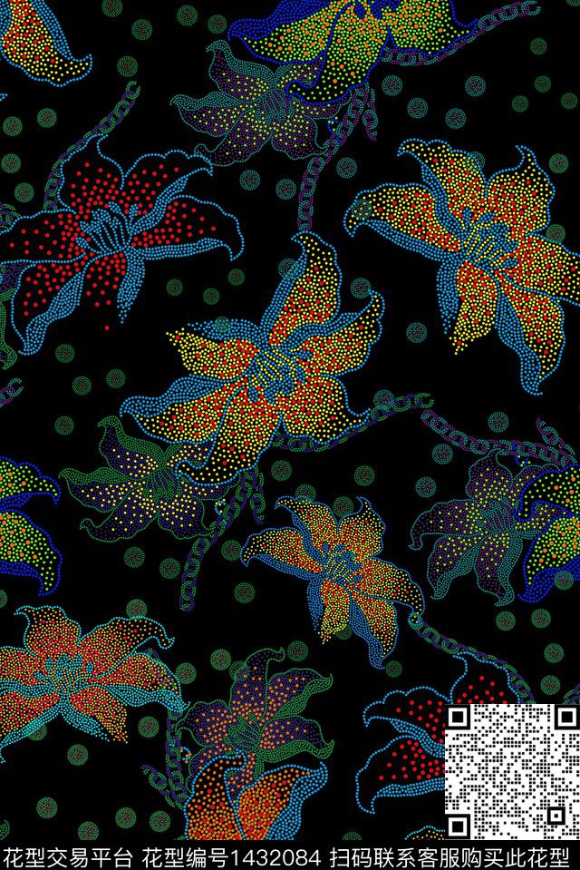 黑底花卉矢量花卉真丝传统印花华亿平台下载（图片编号: 1432084） - 瓦栏（Walan）