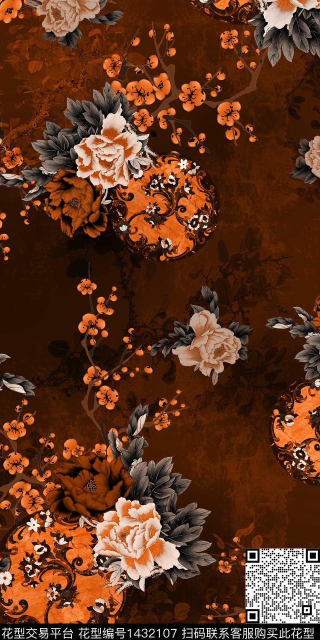 数码华亿平台花卉香云纱数码印花华亿平台下载（图片编号: 1432107） - 瓦栏（Walan）
