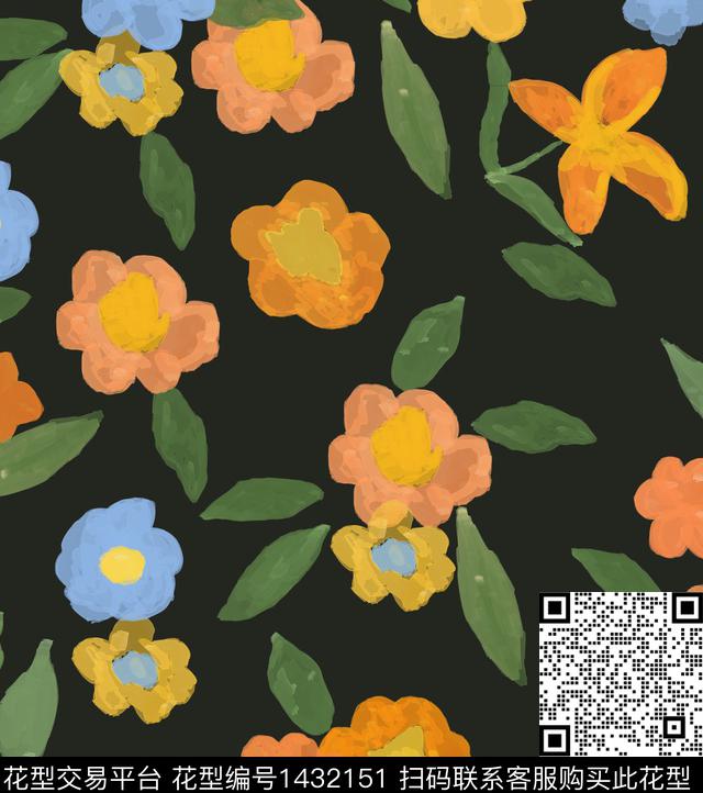 手绘花卉颜色艳丽女装花卉数码印花华亿平台下载（图片编号: 1432151） - 瓦栏（Walan）