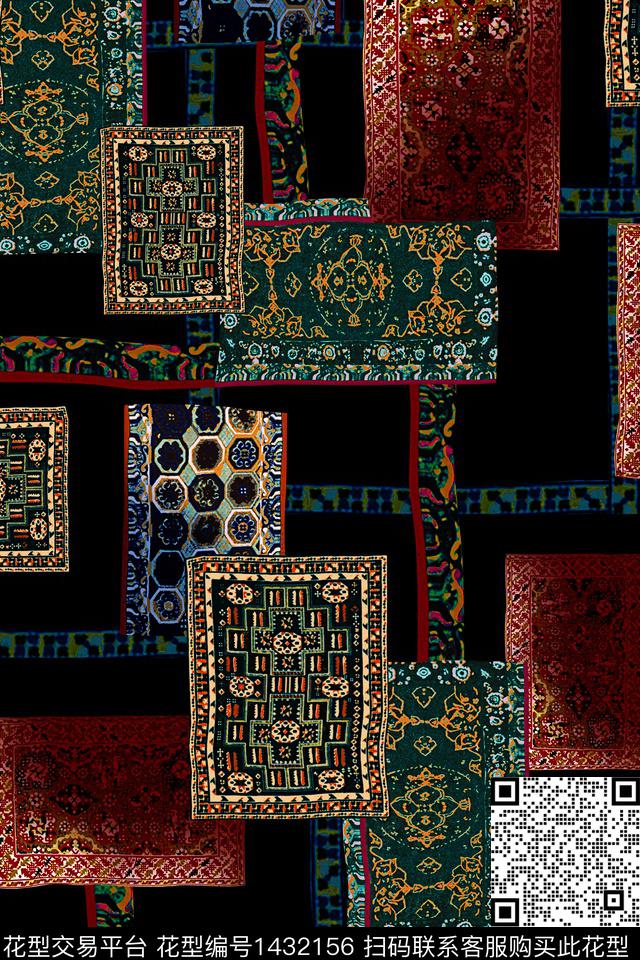 黑底花卉几何大牌风数码印花华亿平台下载（图片编号: 1432156） - 瓦栏（Walan）