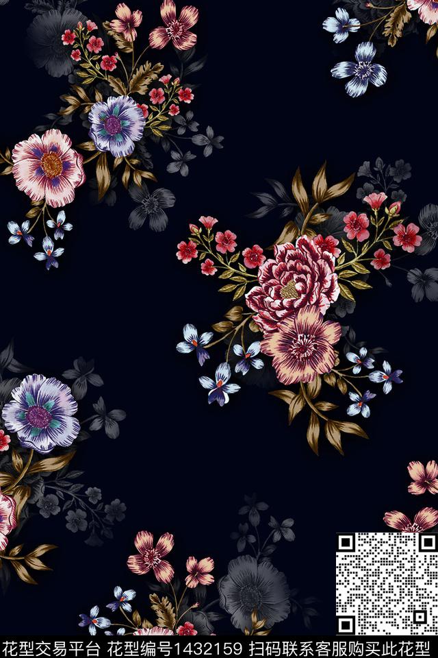 黑底花卉几何大牌风数码印花华亿平台下载（图片编号: 1432159） - 瓦栏（Walan）