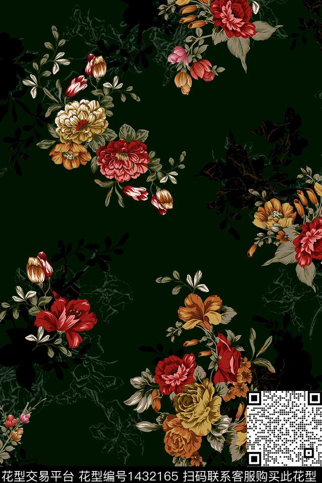 黑底花卉几何大牌风数码印花华亿平台下载（图片编号: 1432165） - 瓦栏（Walan）