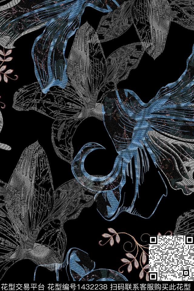线条底纹花卉数码印花华亿平台下载（图片编号: 1432238） - 瓦栏（Walan）