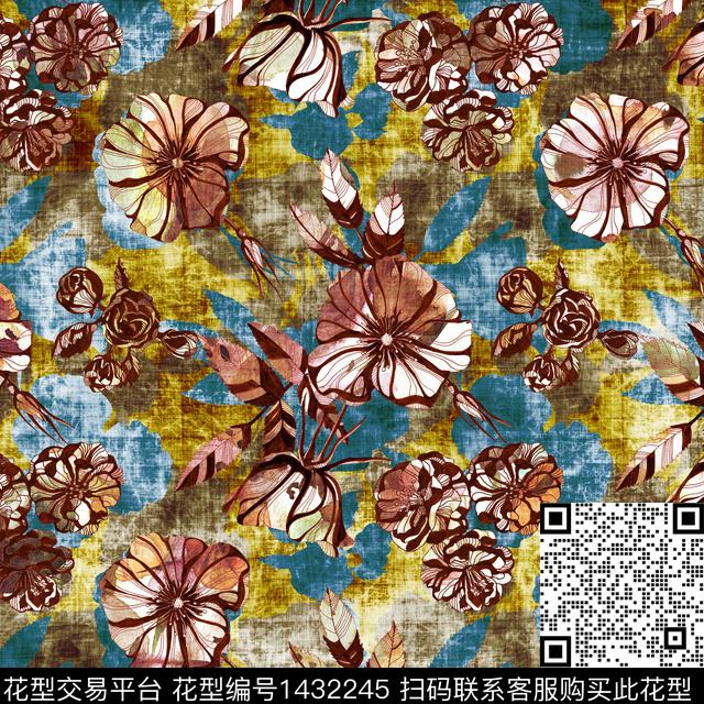 复古做旧手绘花卉数码印花华亿平台下载（图片编号: 1432245） - 瓦栏（Walan）