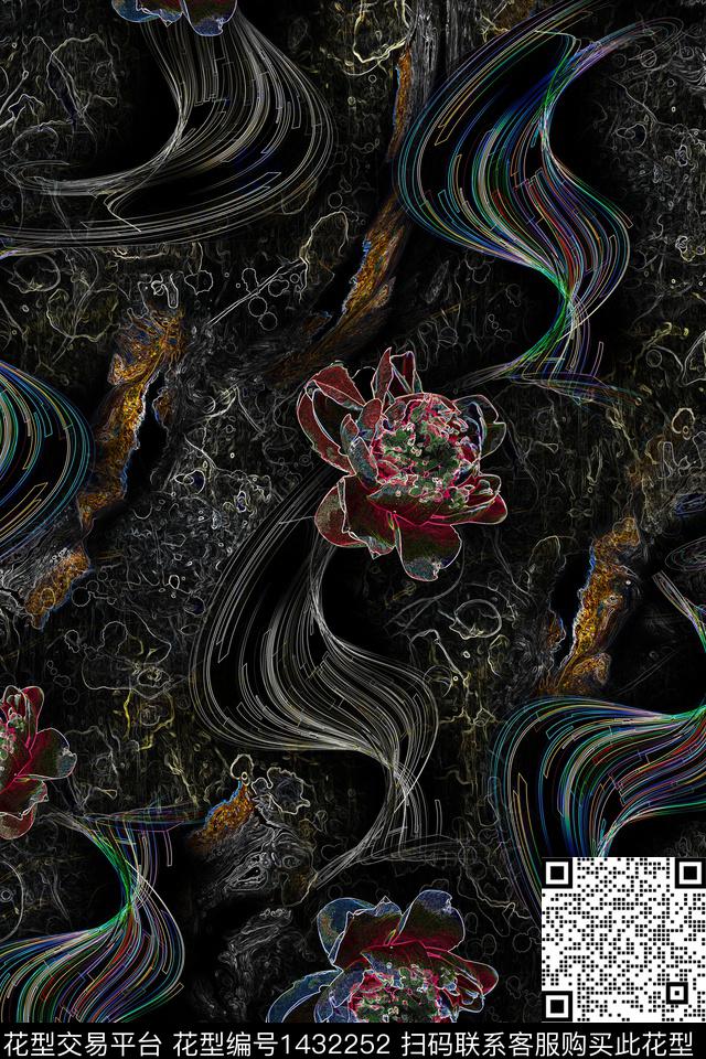 线条底纹花卉数码印花华亿平台下载（图片编号: 1432252） - 瓦栏（Walan）