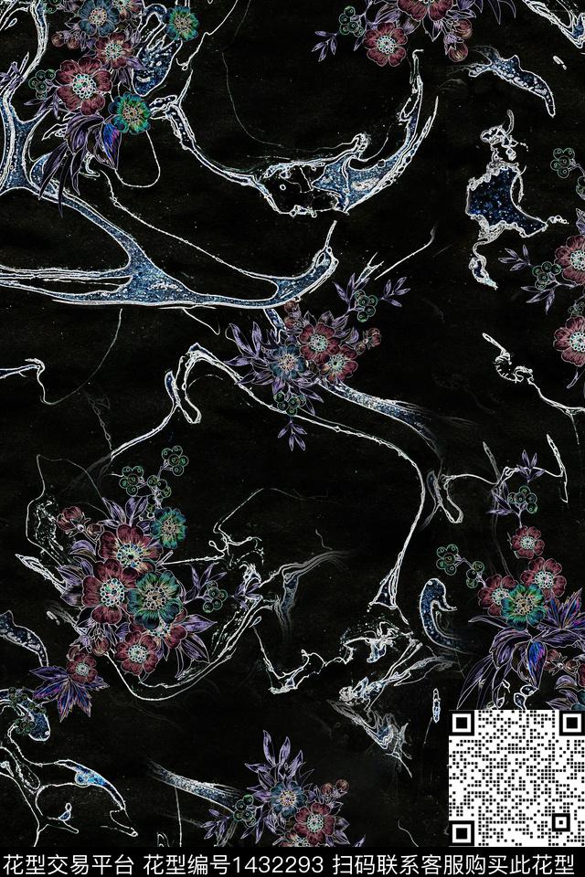 线条底纹花卉数码印花华亿平台下载（图片编号: 1432293） - 瓦栏（Walan）