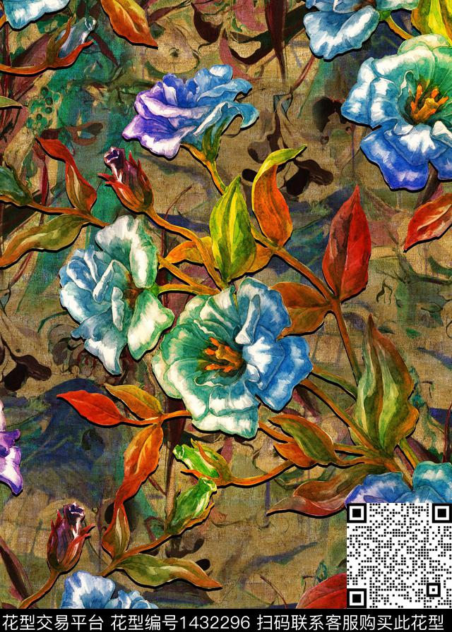 复古花卉香云纱数码印花华亿平台下载（图片编号: 1432296） - 瓦栏（Walan）