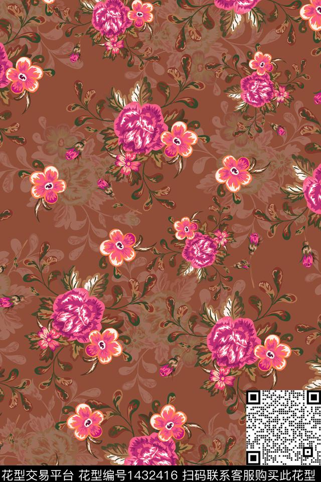 复古花卉大牌风数码印花华亿平台下载（图片编号: 1432416） - 瓦栏（Walan）