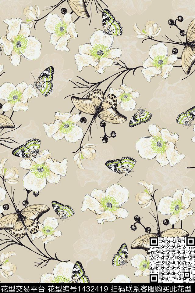 花卉蝴蝶复古花卉数码印花华亿平台下载（图片编号: 1432419） - 瓦栏（Walan）