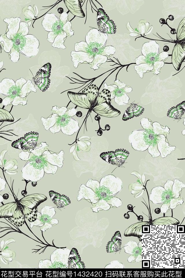 花卉蝴蝶复古花卉数码印花华亿平台下载（图片编号: 1432420） - 瓦栏（Walan）