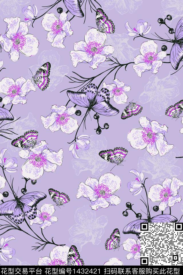 花卉蝴蝶复古花卉数码印花华亿平台下载（图片编号: 1432421） - 瓦栏（Walan）