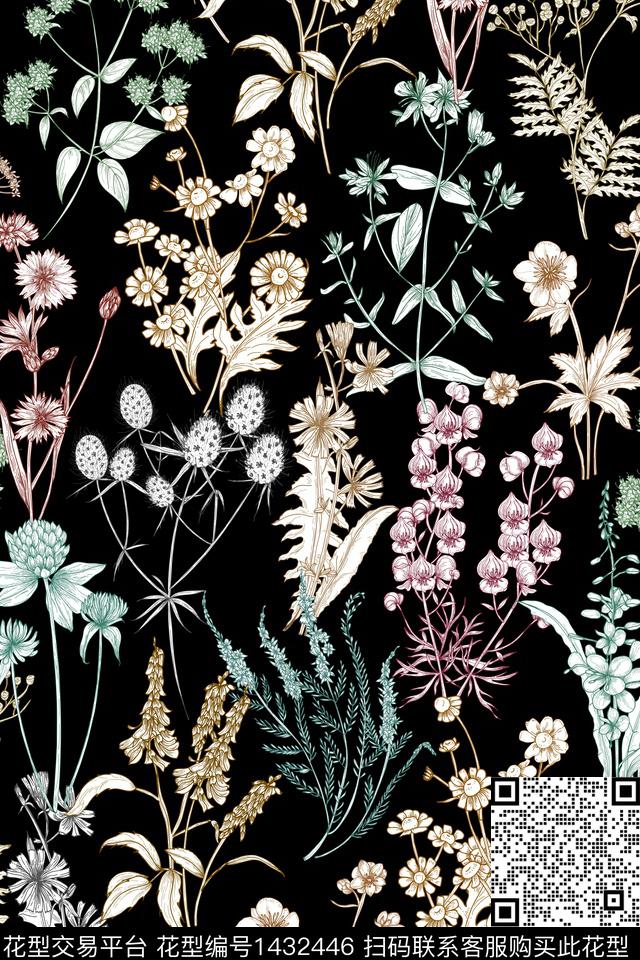 热带华亿平台黑底花卉绿植树叶传统印花华亿平台下载（图片编号: 1432446） - 瓦栏（Walan）