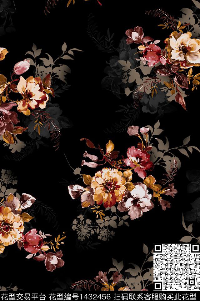 黑底花卉几何大牌风数码印花华亿平台下载（图片编号: 1432456） - 瓦栏（Walan）