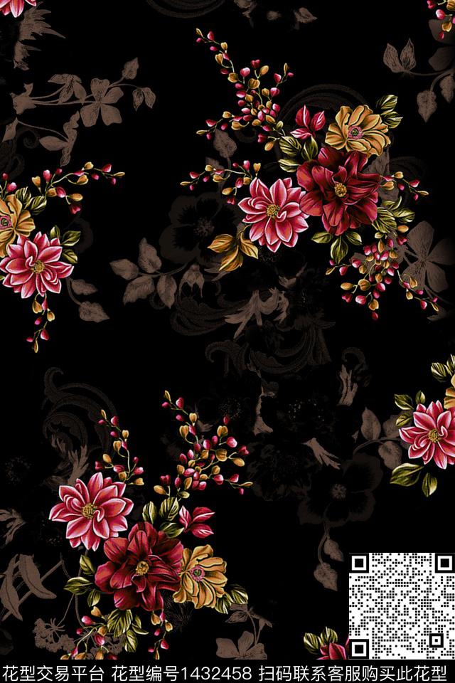 黑底花卉几何大牌风数码印花华亿平台下载（图片编号: 1432458） - 瓦栏（Walan）