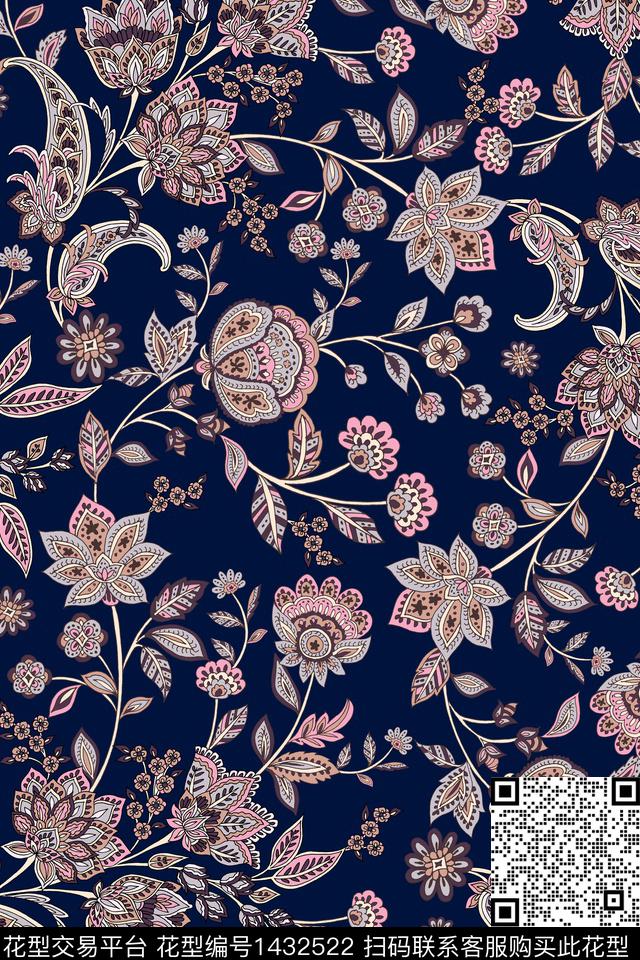 民族风复古花卉数码印花华亿平台下载（图片编号: 1432522） - 瓦栏（Walan）