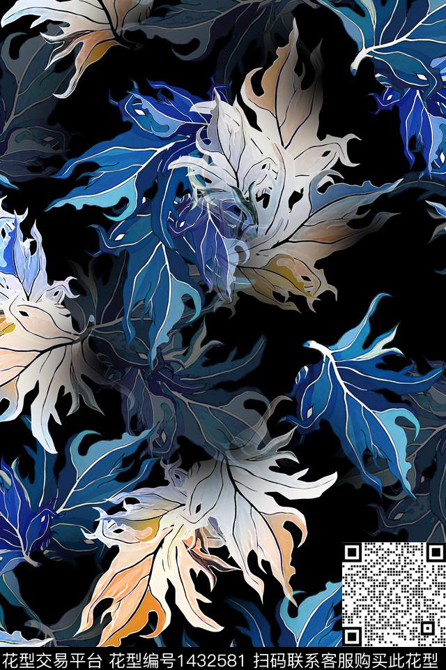 绿植树叶花卉香云纱数码印花华亿平台下载（图片编号: 1432581） - 瓦栏（Walan）