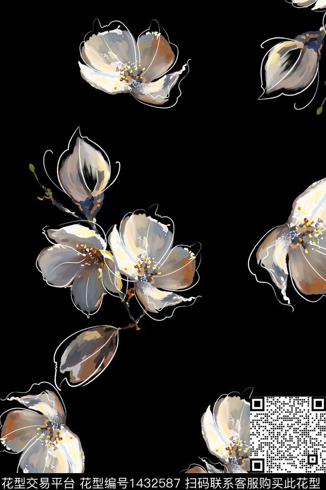 花卉香云纱大牌风数码印花华亿平台下载（图片编号: 1432587） - 瓦栏（Walan）