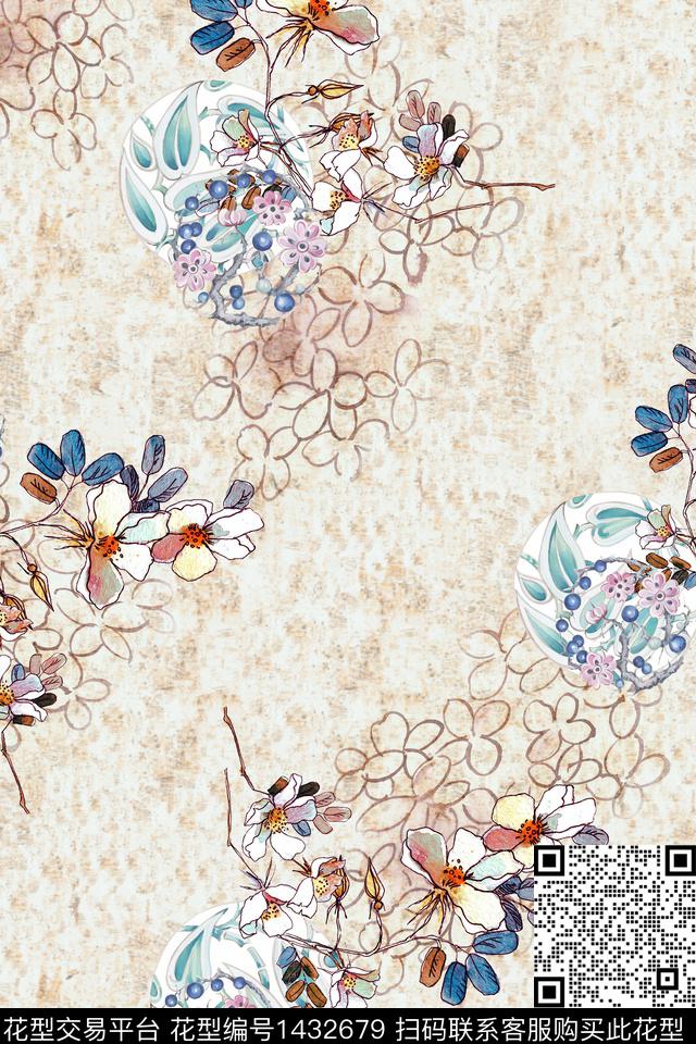 几何民族风花卉数码印花华亿平台下载（图片编号: 1432679） - 瓦栏（Walan）
