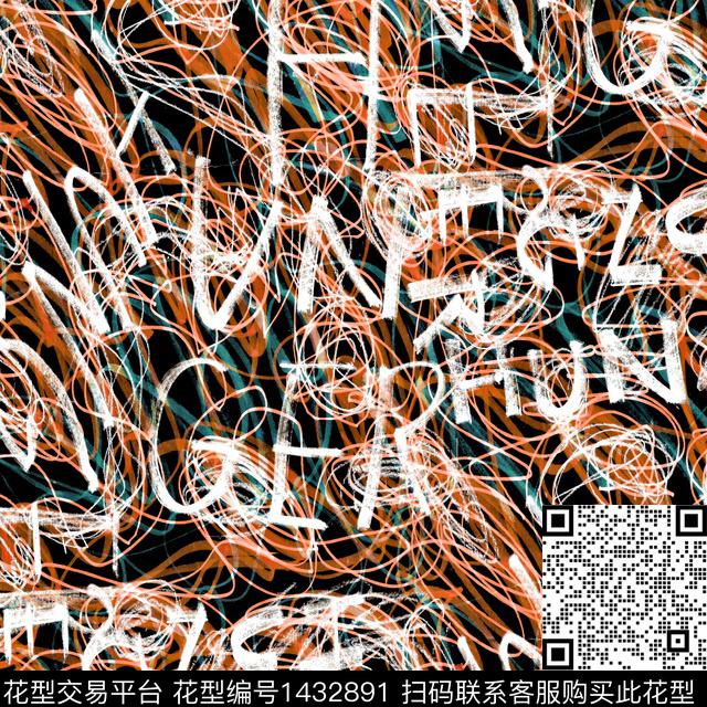 线条涂鸦字母数码印花华亿平台下载（图片编号: 1432891） - 瓦栏（Walan）