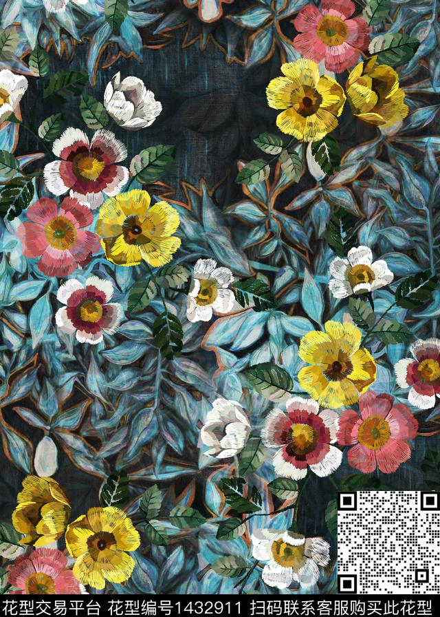 花卉香云纱中国风数码印花华亿平台下载（图片编号: 1432911） - 瓦栏（Walan）