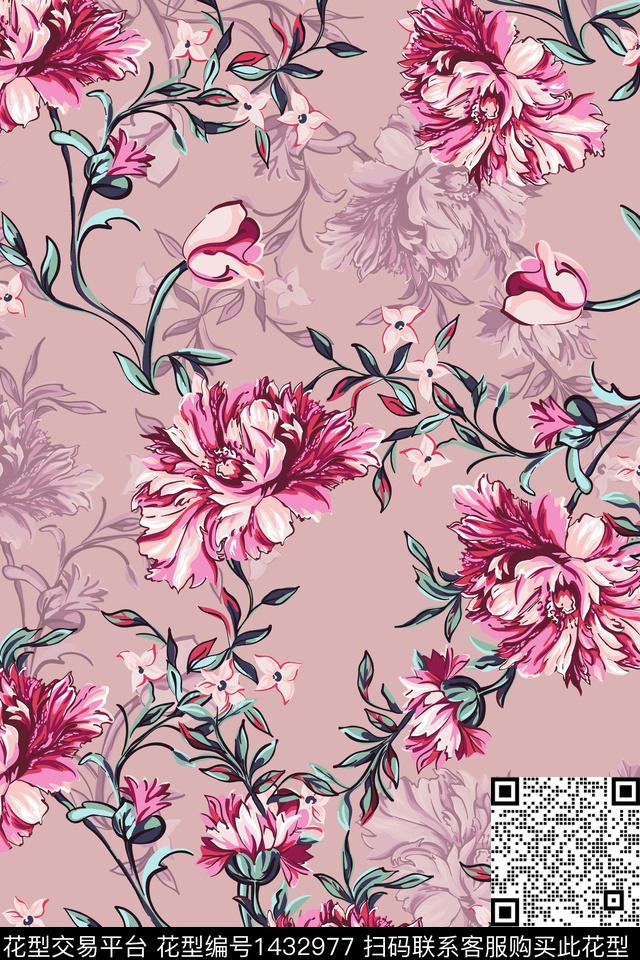 绿植树叶清爽底花卉旗袍数码印花华亿平台下载（图片编号: 1432977） - 瓦栏（Walan）