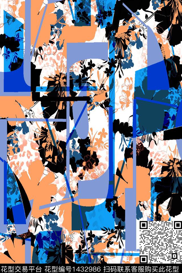 几何定位科技清爽底花卉数码印花华亿平台下载（图片编号: 1432986） - 瓦栏（Walan）