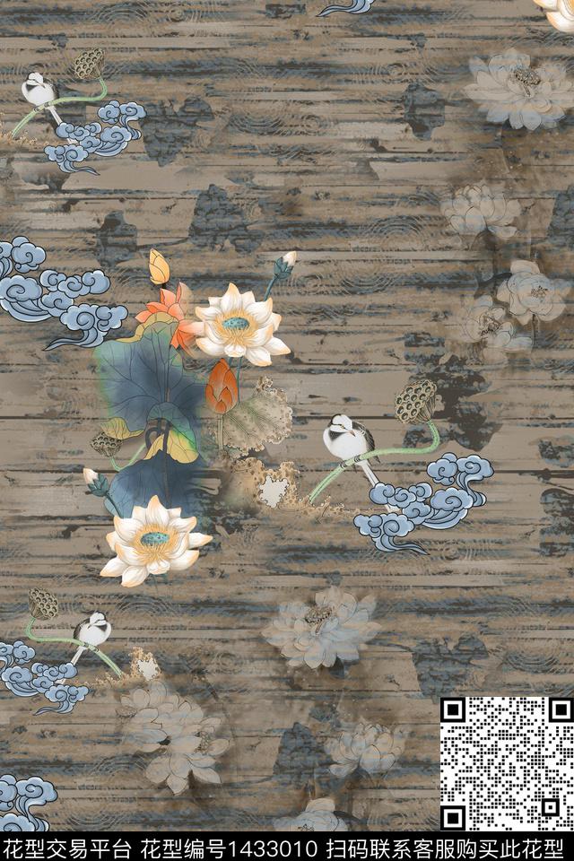 荷花香云纱中国风数码印花华亿平台下载（图片编号: 1433010） - 瓦栏（Walan）