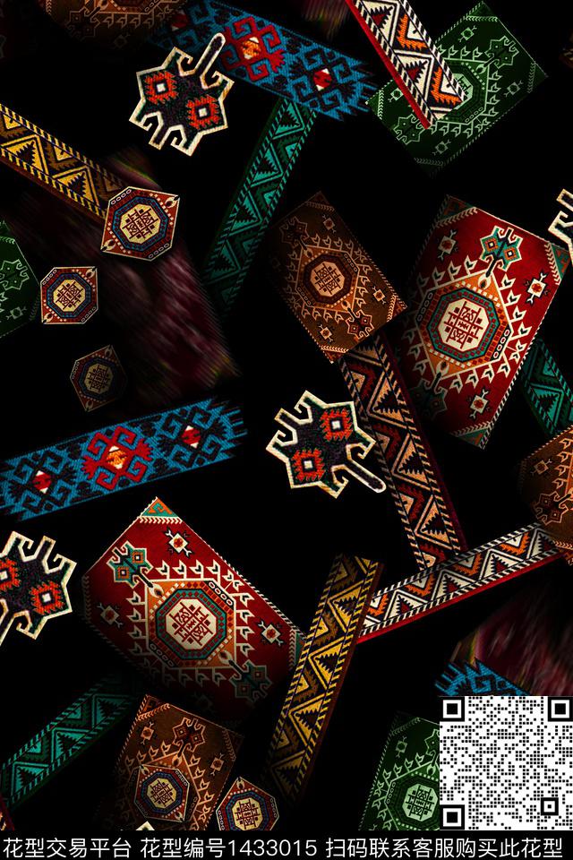 黑底花卉几何大牌风数码印花华亿平台下载（图片编号: 1433015） - 瓦栏（Walan）