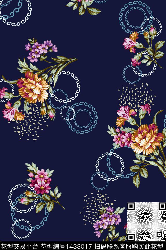 黑底花卉几何大牌风数码印花华亿平台下载（图片编号: 1433017） - 瓦栏（Walan）