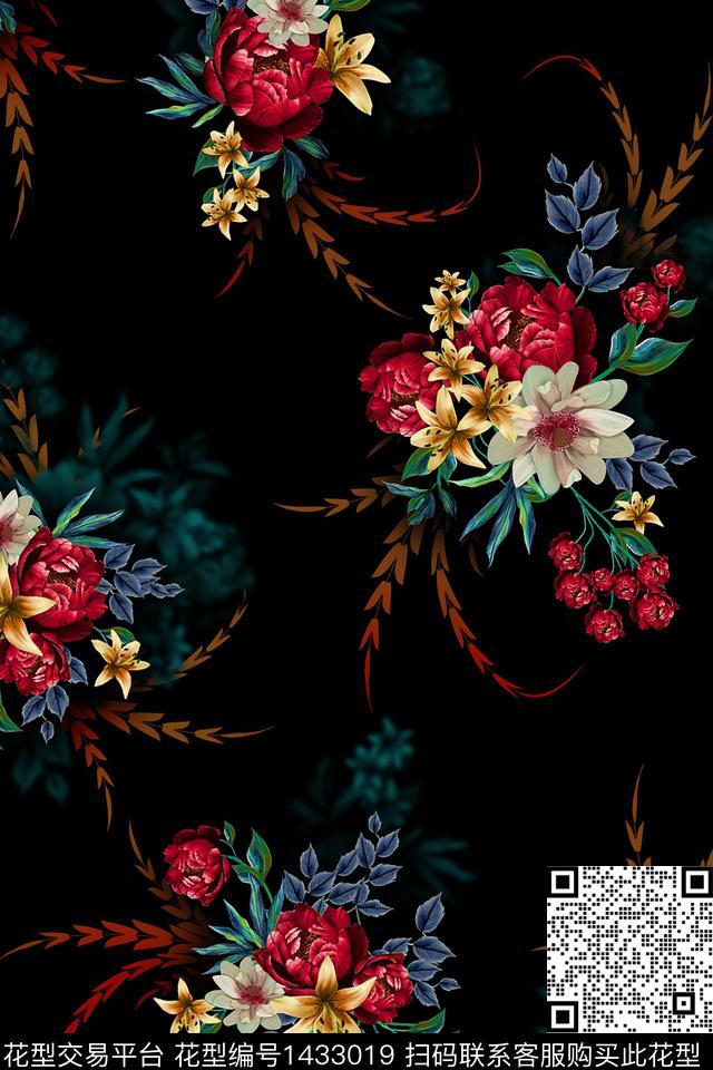 黑底花卉几何大牌风数码印花华亿平台下载（图片编号: 1433019） - 瓦栏（Walan）