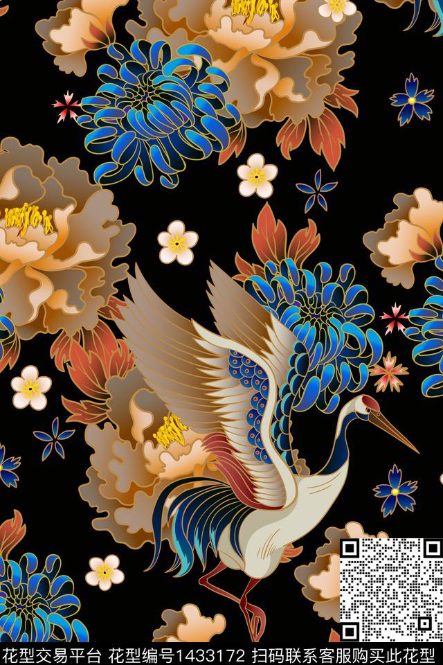 仙鹤花卉中国风数码印花华亿平台下载（图片编号: 1433172） - 瓦栏（Walan）