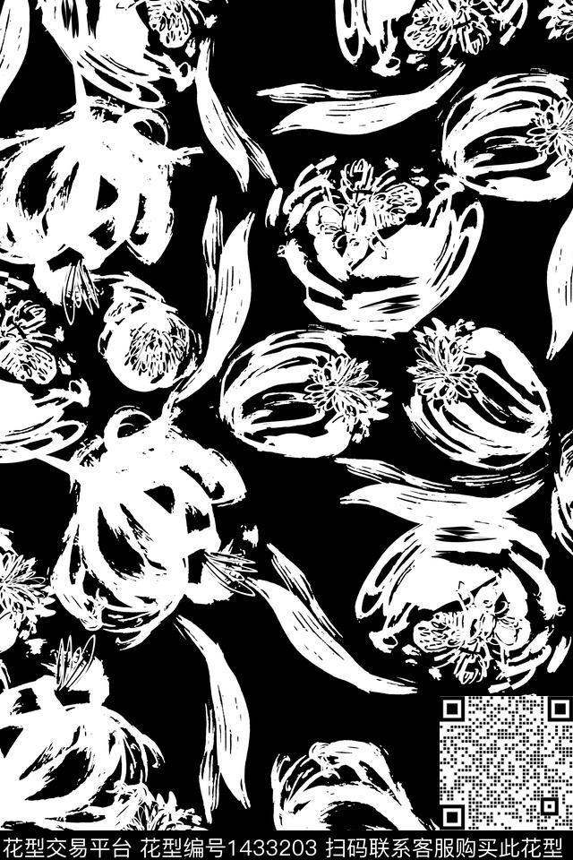黑底花卉黑白华亿平台抽象花卉数码印花华亿平台下载（图片编号: 1433203） - 瓦栏（Walan）