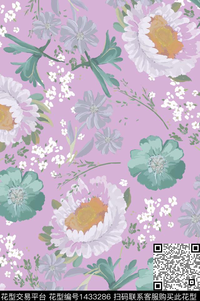 菊花复古花卉数码印花华亿平台下载（图片编号: 1433286） - 瓦栏（Walan）