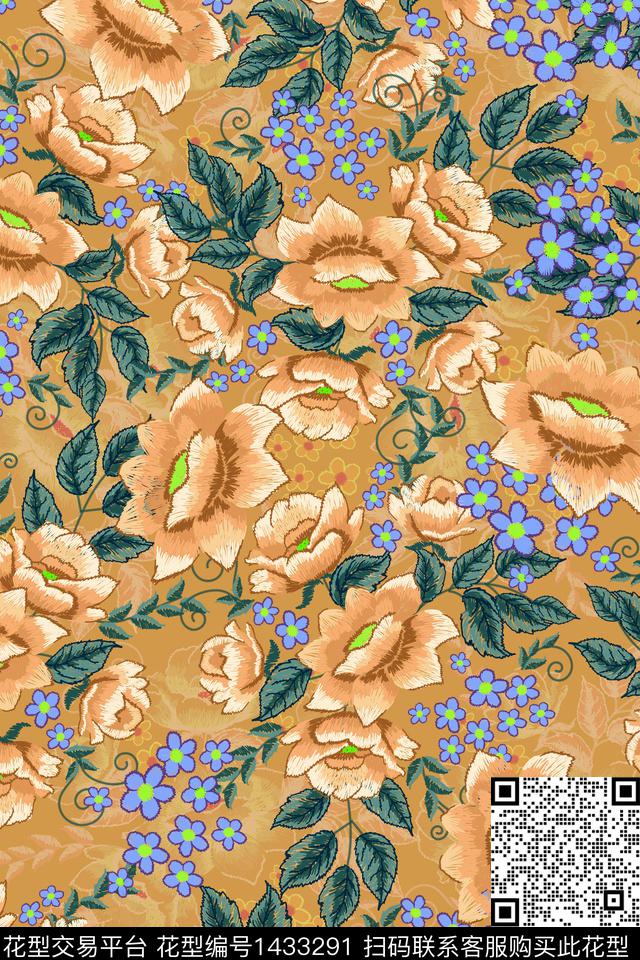 红花复古花卉数码印花华亿平台下载（图片编号: 1433291） - 瓦栏（Walan）