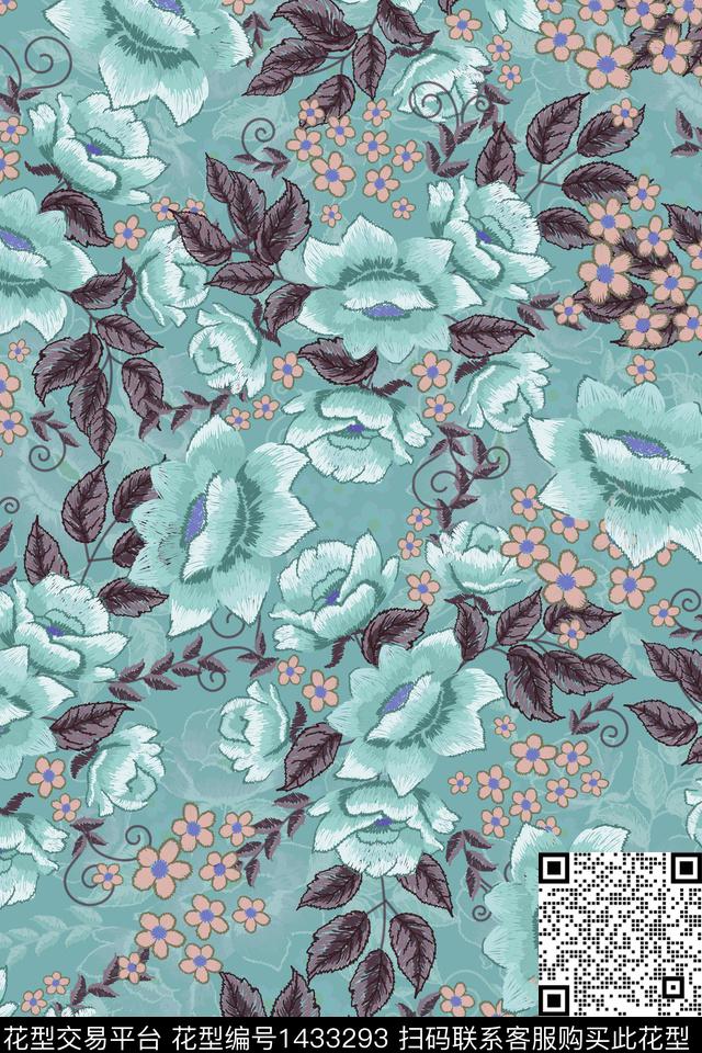 红花复古花卉数码印花华亿平台下载（图片编号: 1433293） - 瓦栏（Walan）