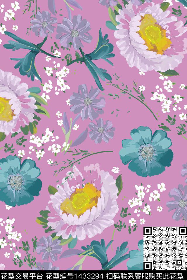菊花复古花卉数码印花华亿平台下载（图片编号: 1433294） - 瓦栏（Walan）