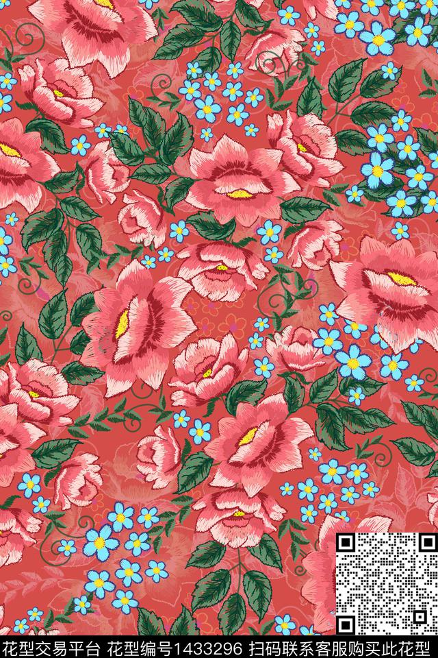 红花复古花卉数码印花华亿平台下载（图片编号: 1433296） - 瓦栏（Walan）