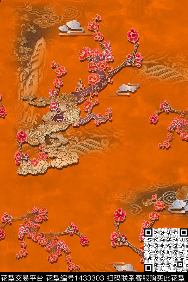 梅花香云纱真丝数码印花华亿平台下载（图片编号: 1433303） - 瓦栏（Walan）