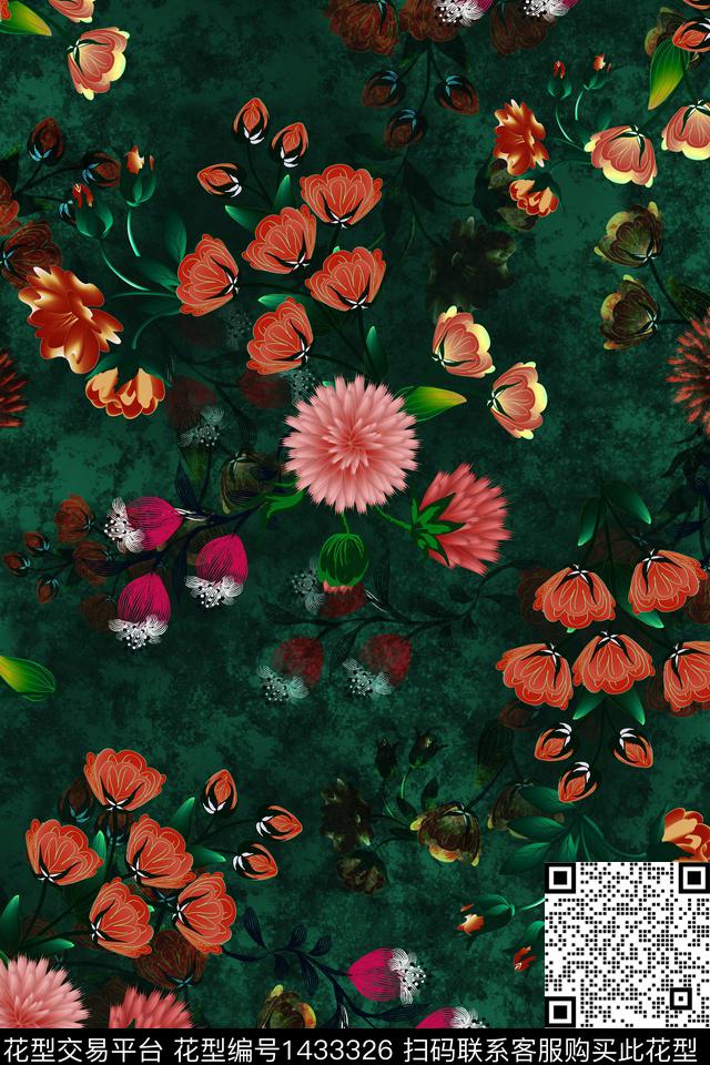 复古花卉香云纱数码印花华亿平台下载（图片编号: 1433326） - 瓦栏（Walan）