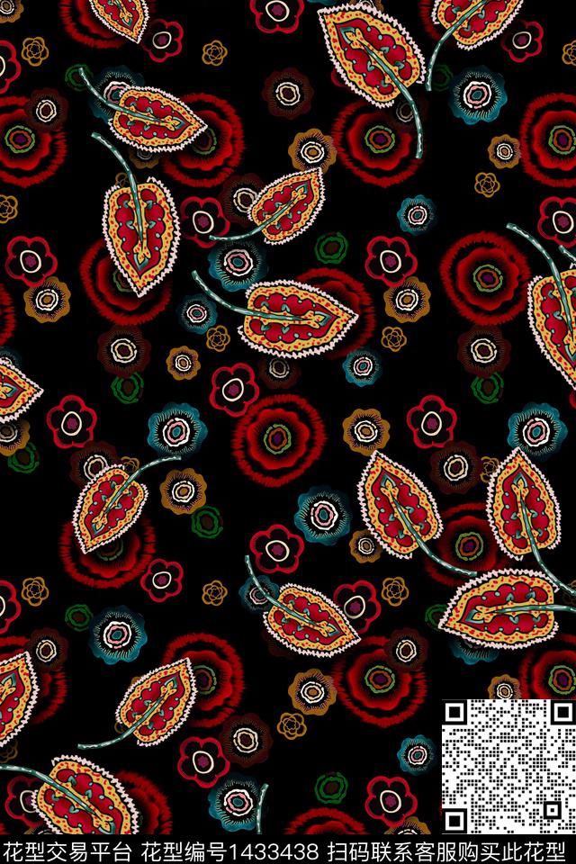 黑底花卉几何大牌风数码印花华亿平台下载（图片编号: 1433438） - 瓦栏（Walan）