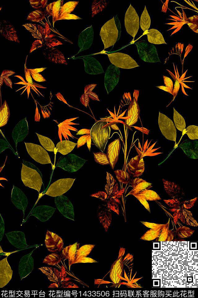 黑底花卉花卉香云纱数码印花华亿平台下载（图片编号: 1433506） - 瓦栏（Walan）