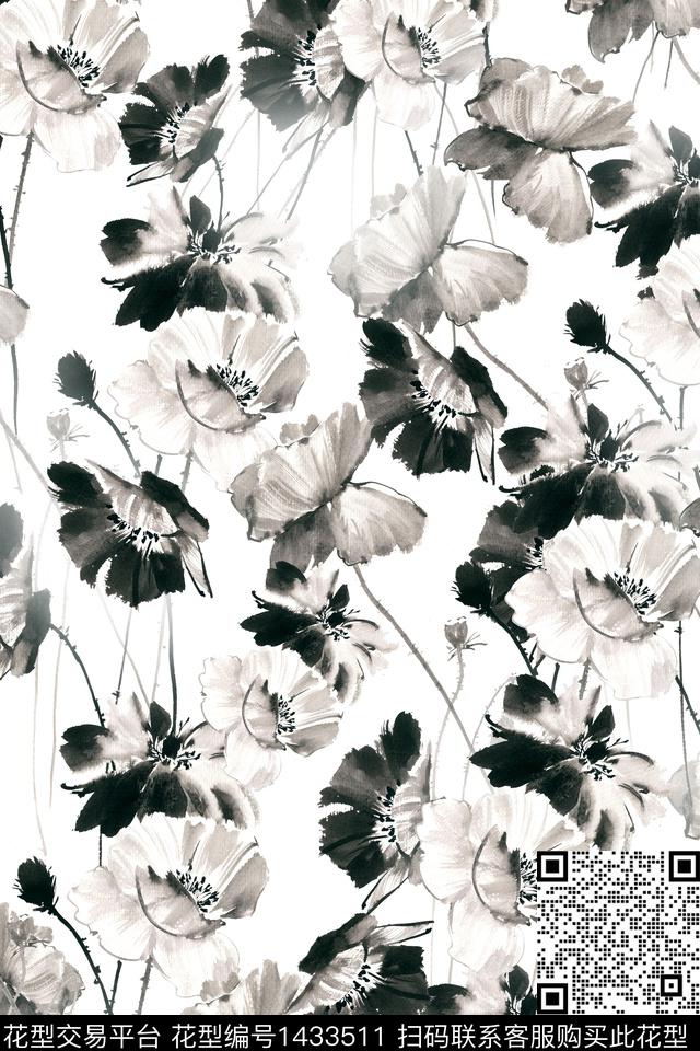 清爽底花卉水墨风中国风数码印花华亿平台下载（图片编号: 1433511） - 瓦栏（Walan）